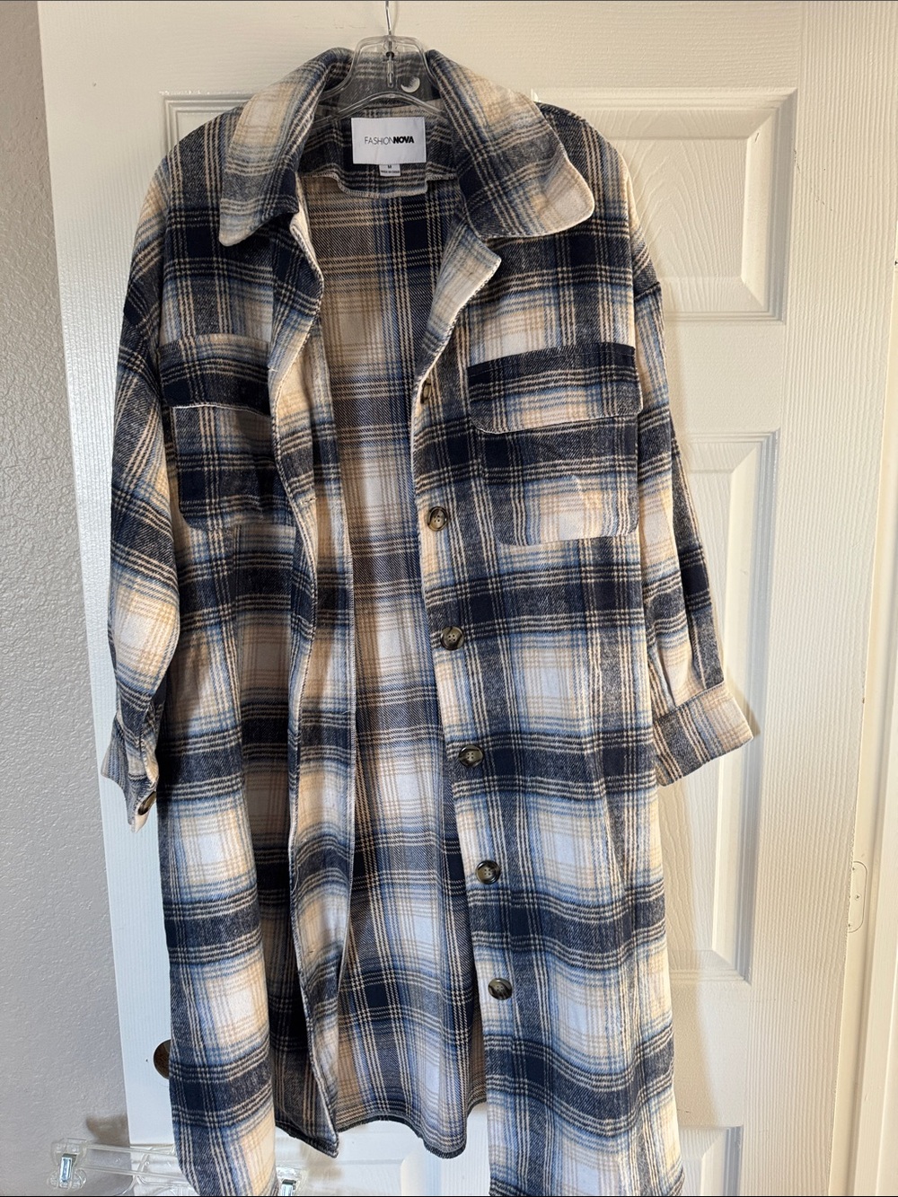 Fashion Nova Navy and Cream Plaid Utility Shacket